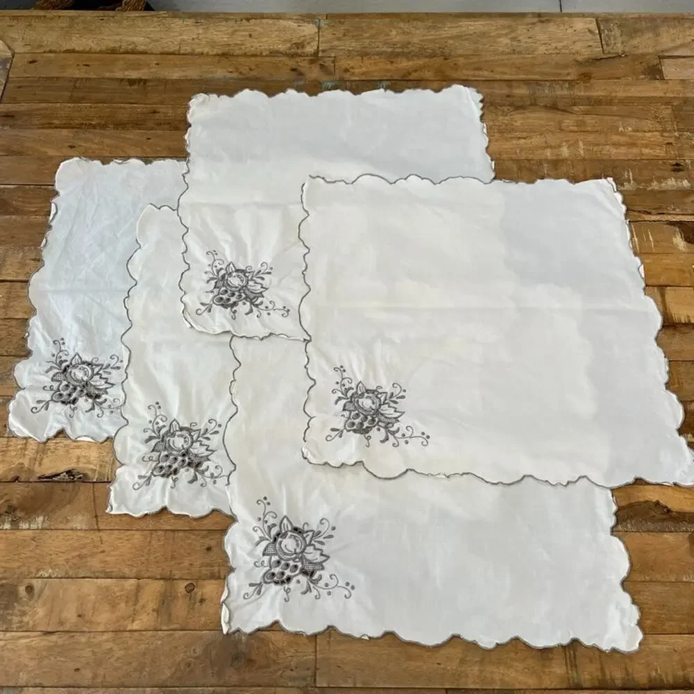 White & Gray Cotton Table Napkins Set of 5 16 x 16 in Floral Corner Embroidery
